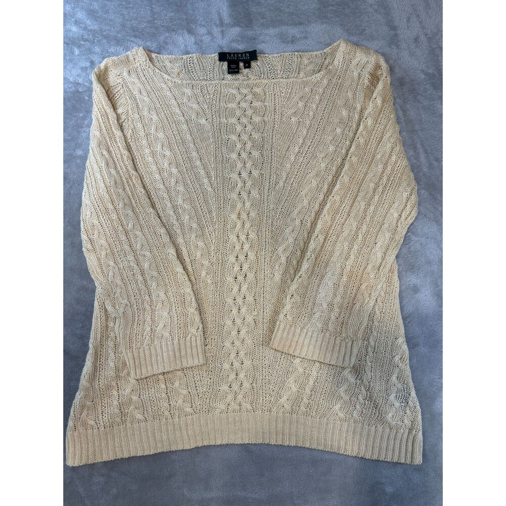 Lauren Ralph Lauren 100% Linen Cable Knit Sweater Cream Medium